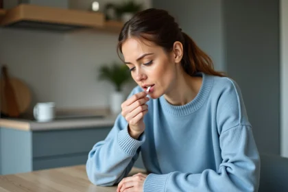 Femme concentrée se nettoyant la lèvre avec un coton