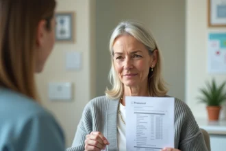 Femme d'une cinquantaine d'années consultant ses résultats d'analyse sanguine montrant un excès de ferritine chez un médecin