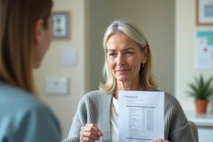 Femme d'une cinquantaine d'années consultant ses résultats d'analyse sanguine montrant un excès de ferritine chez un médecin