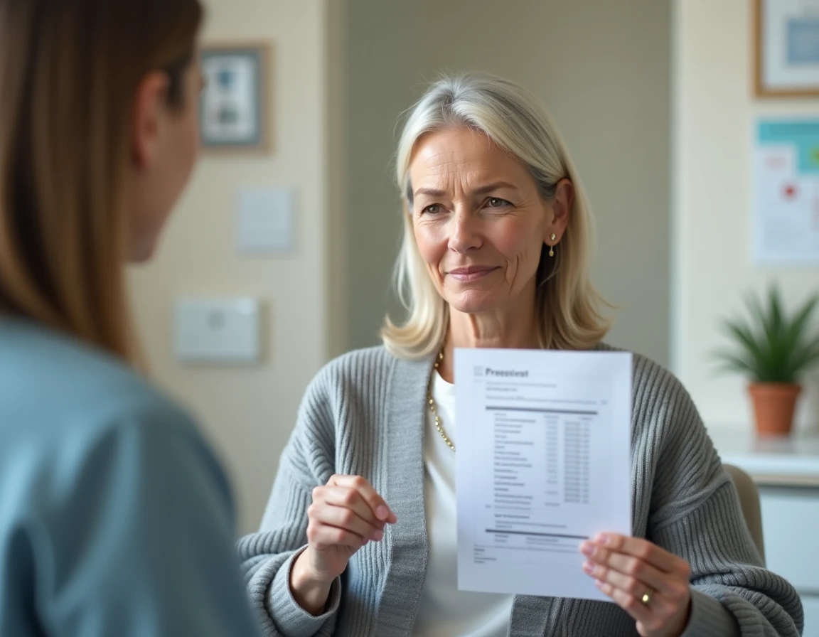 Femme d'une cinquantaine d'années consultant ses résultats d'analyse sanguine montrant un excès de ferritine chez un médecin