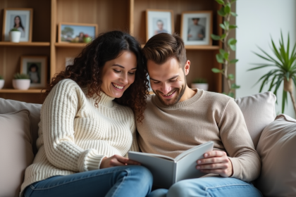 Femme souriante avec son partenaire lisant un livret de grossesse