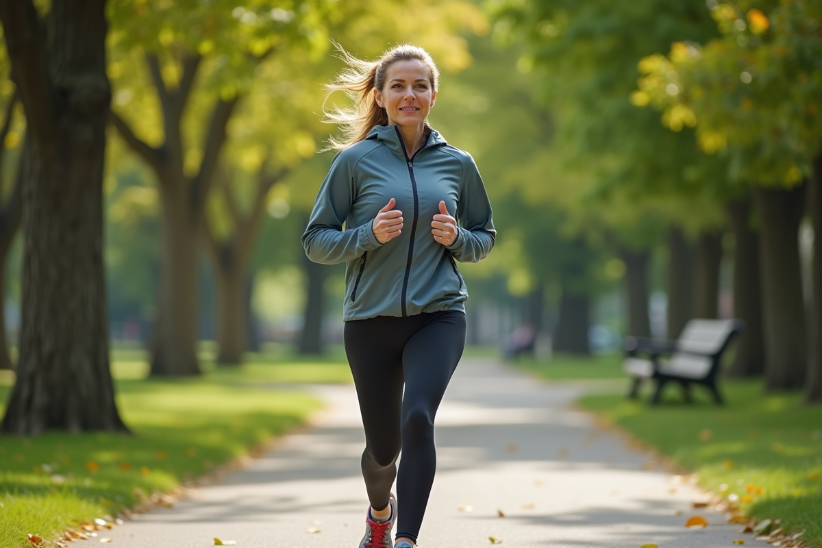 Femme active courant dans un parc urbain verdoyant