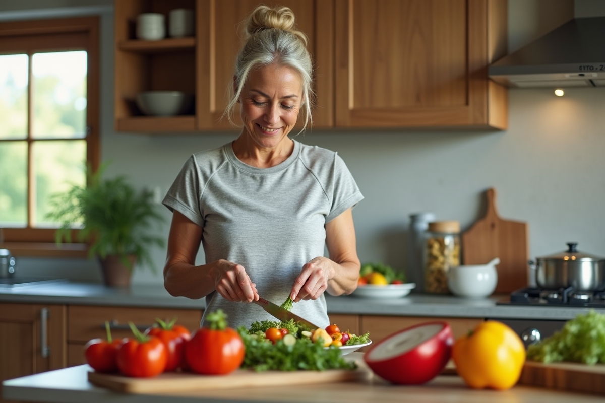 Femme de 60 ans prépare une salade colorée dans sa cuisine moderne