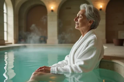 Femme en cure thermale neurologique dans un établissement thermal français, assise dans une piscine d'eau minérale en peignoir blanc