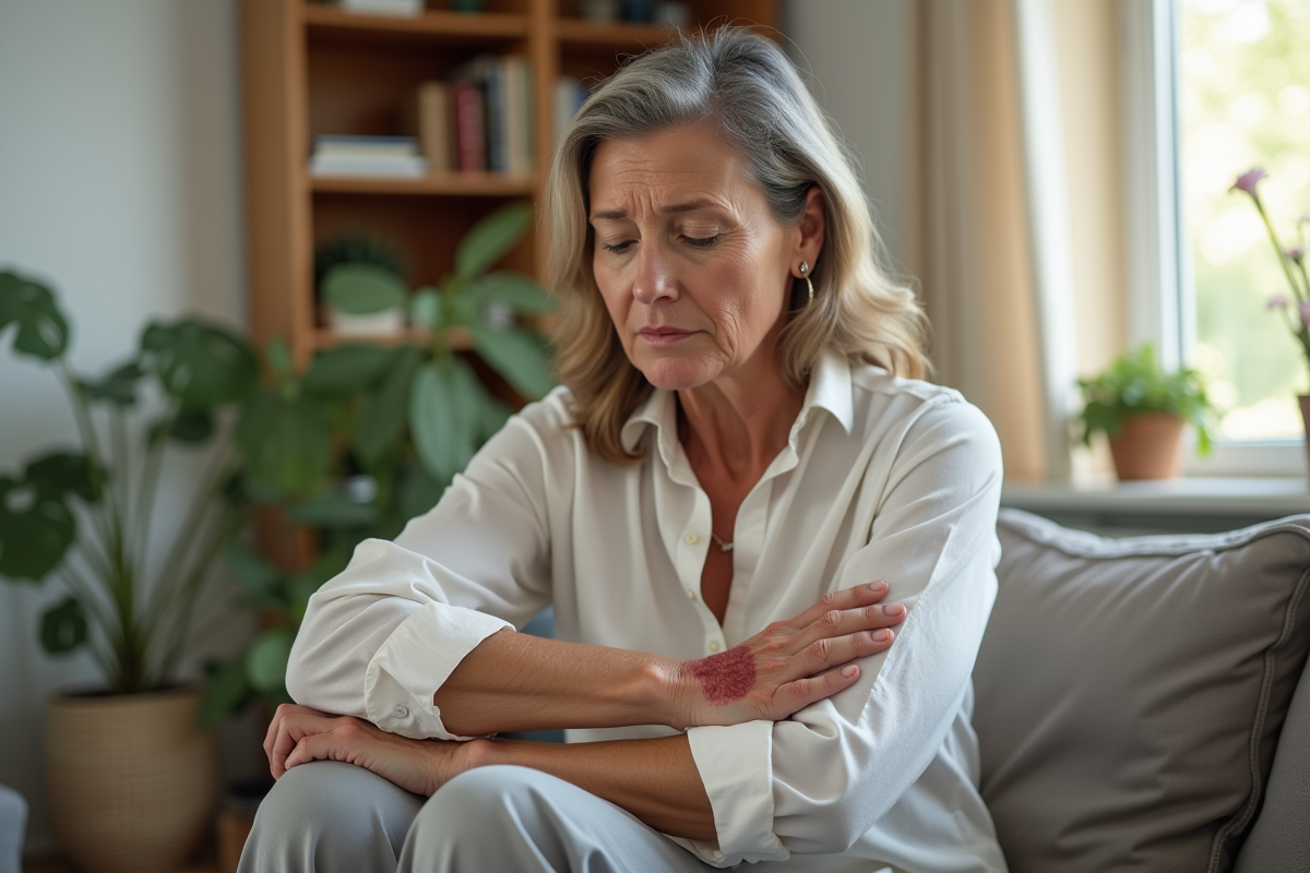 Femme d'âge moyen examinant une peau rouge sur son bras
