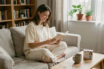 Jeune femme détendue sur un canapé en lin avec un disque menstruel posé sur la table basse, illustrant le confort pendant les règles