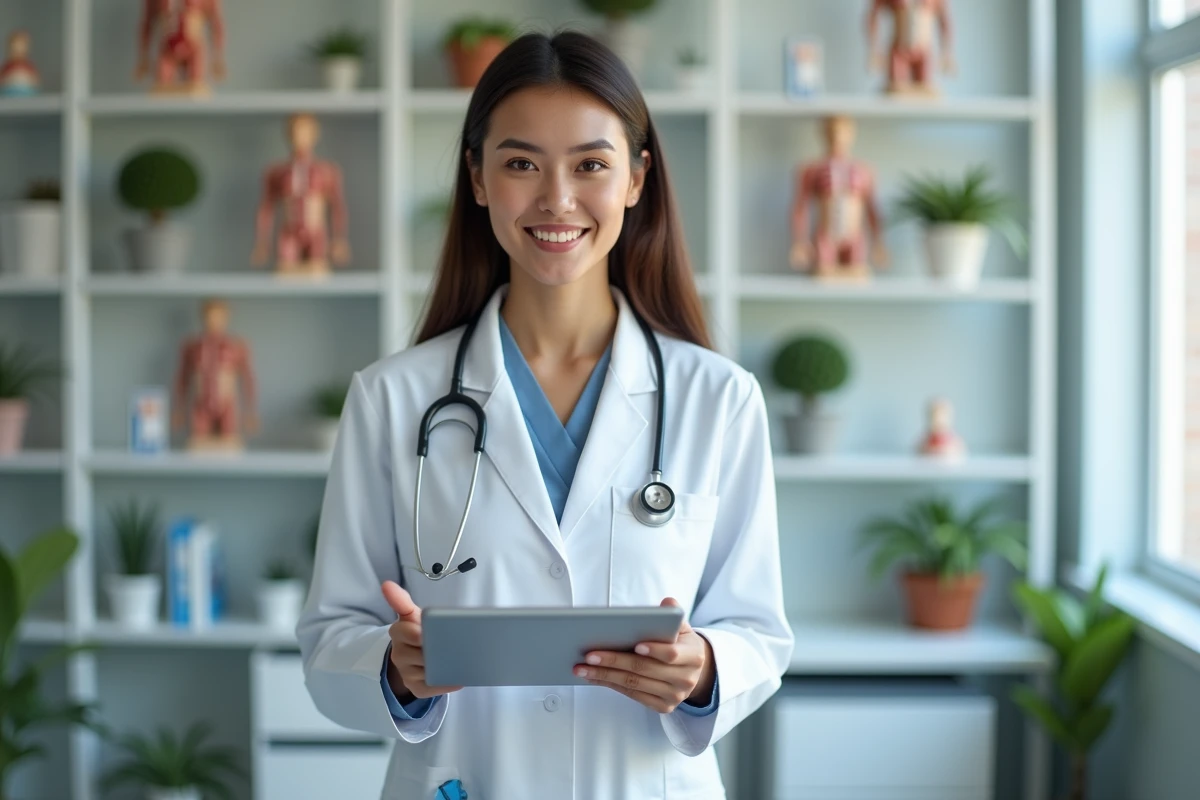 Jeune femme médecin tenant une tablette dans un cabinet moderne