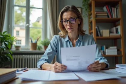 Femme consultant des documents administratifs de la CPAM à son bureau à domicile pour éviter les erreurs d'adresse