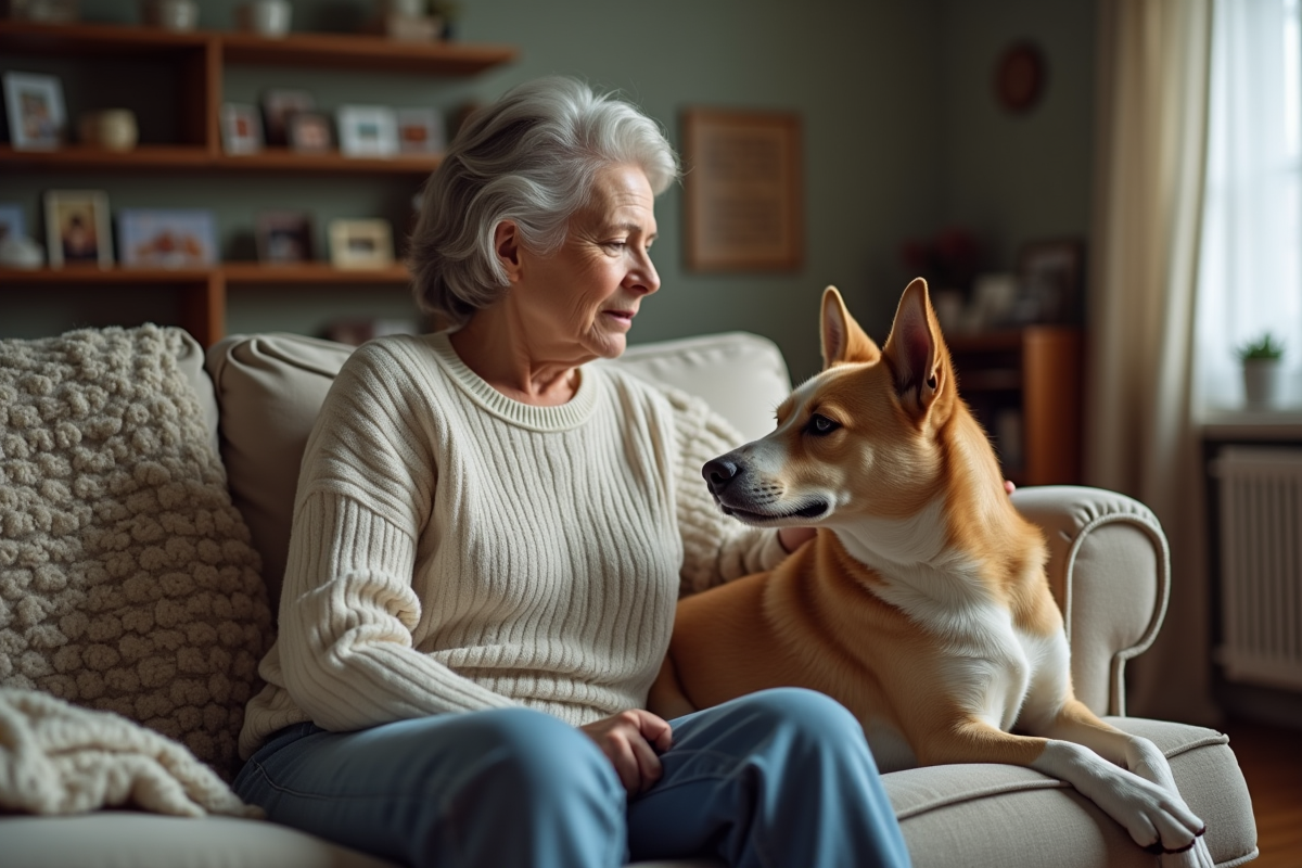 Femme assise avec son chien dans un salon chaleureux