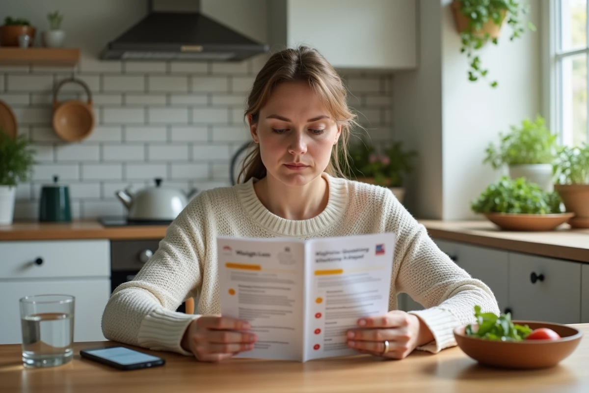 Femme lisant des recommandations médicales sur la perte de poids rapide et les douleurs musculaires dans une cuisine à domicile