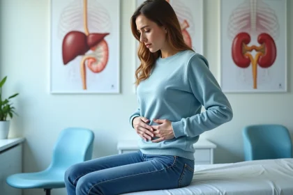 Femme en consultation médicale touchant son dos