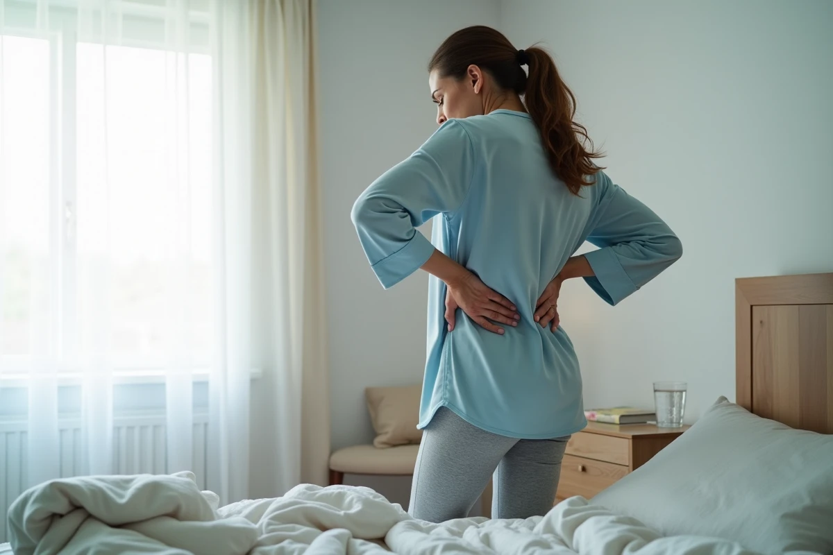 Femme debout près de son lit tenant son dos gauche douloureux au réveil