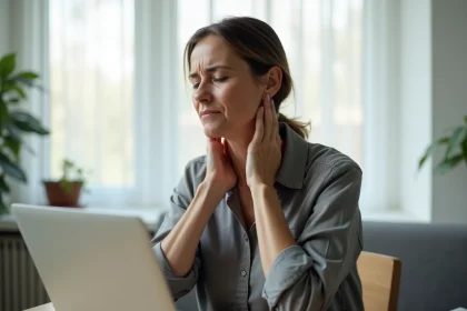 Femme assise à son bureau se tenant la nuque avec une expression de douleur, illustrant une raideur cervicale et des fourmillements