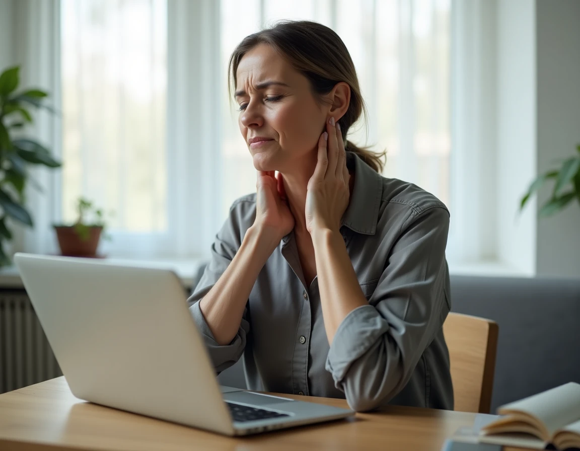 Femme assise à son bureau se tenant la nuque avec une expression de douleur, illustrant une raideur cervicale et des fourmillements