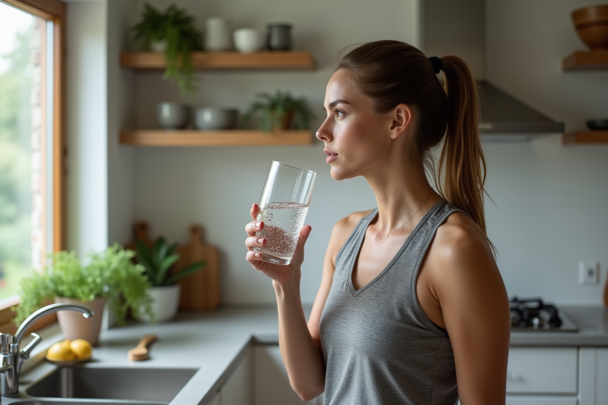Femme en tenue sportive dans une cuisine moderne regardant sa reflection