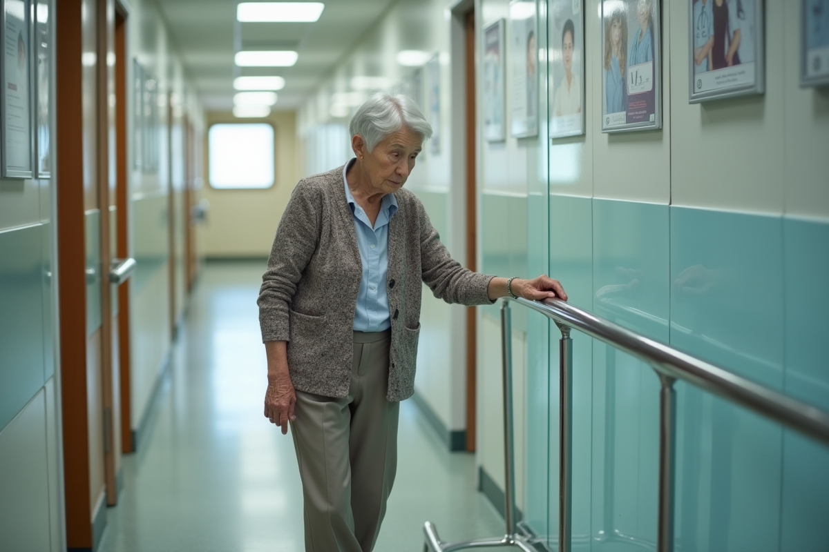 Femme âgée tenant une rampe dans un couloir hospitalier