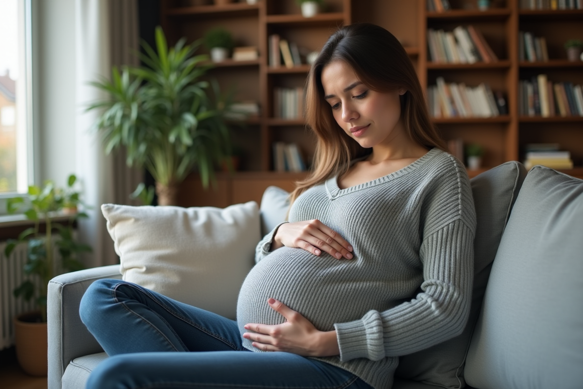 Femme enceinte assise sur un canapé dans un salon calme