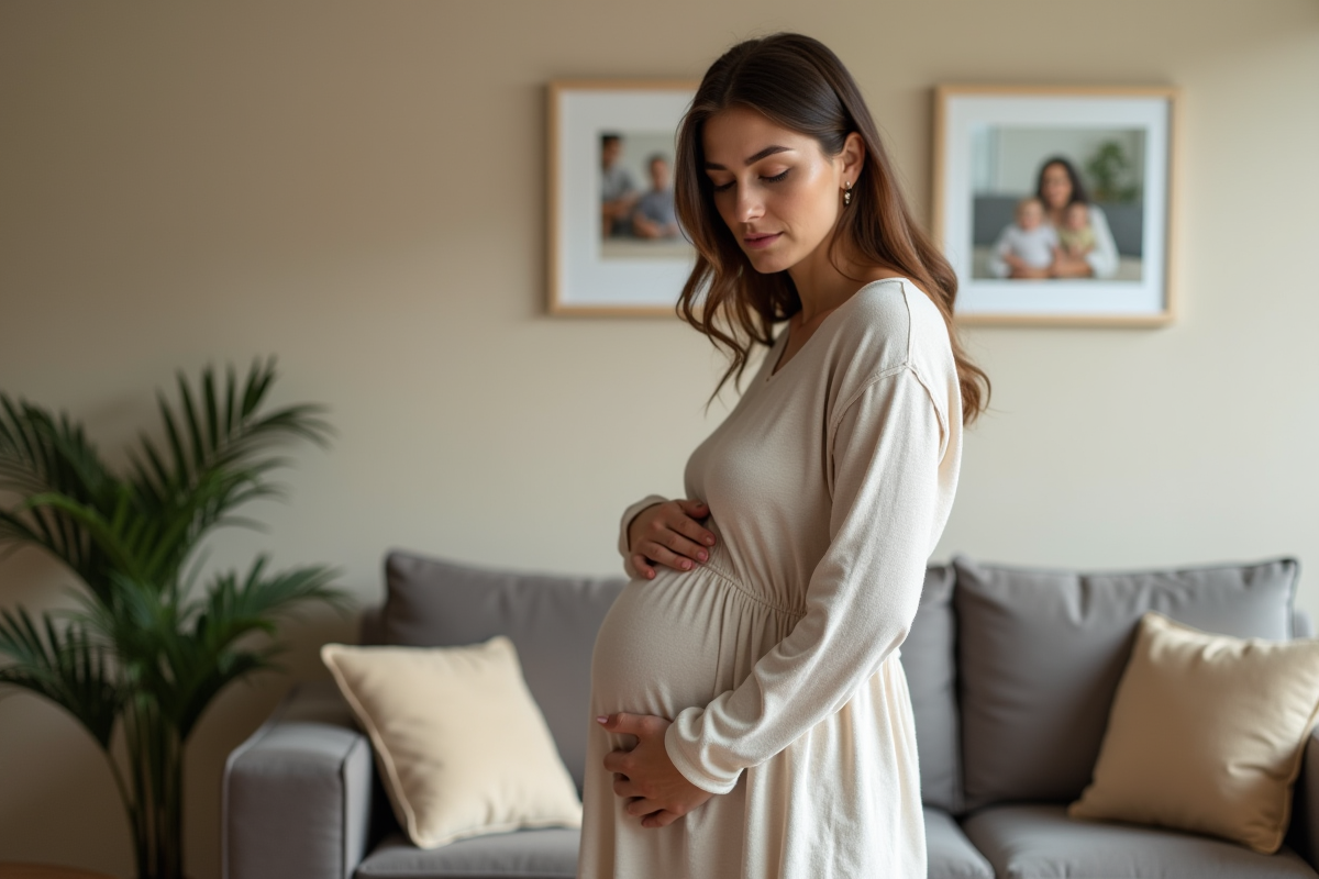 Femme enceinte dans son salon avec ambiance chaleureuse