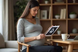 Femme enceinte consultant une échographie du premier trimestre à son bureau à domicile