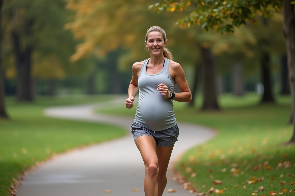 Femme enceinte en jogging dans un parc verdoyant