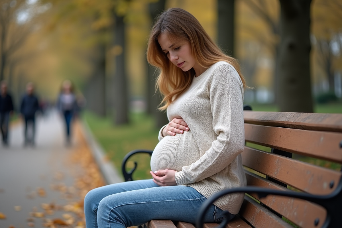 Femme enceinte assise dans un parc avec expression pensif