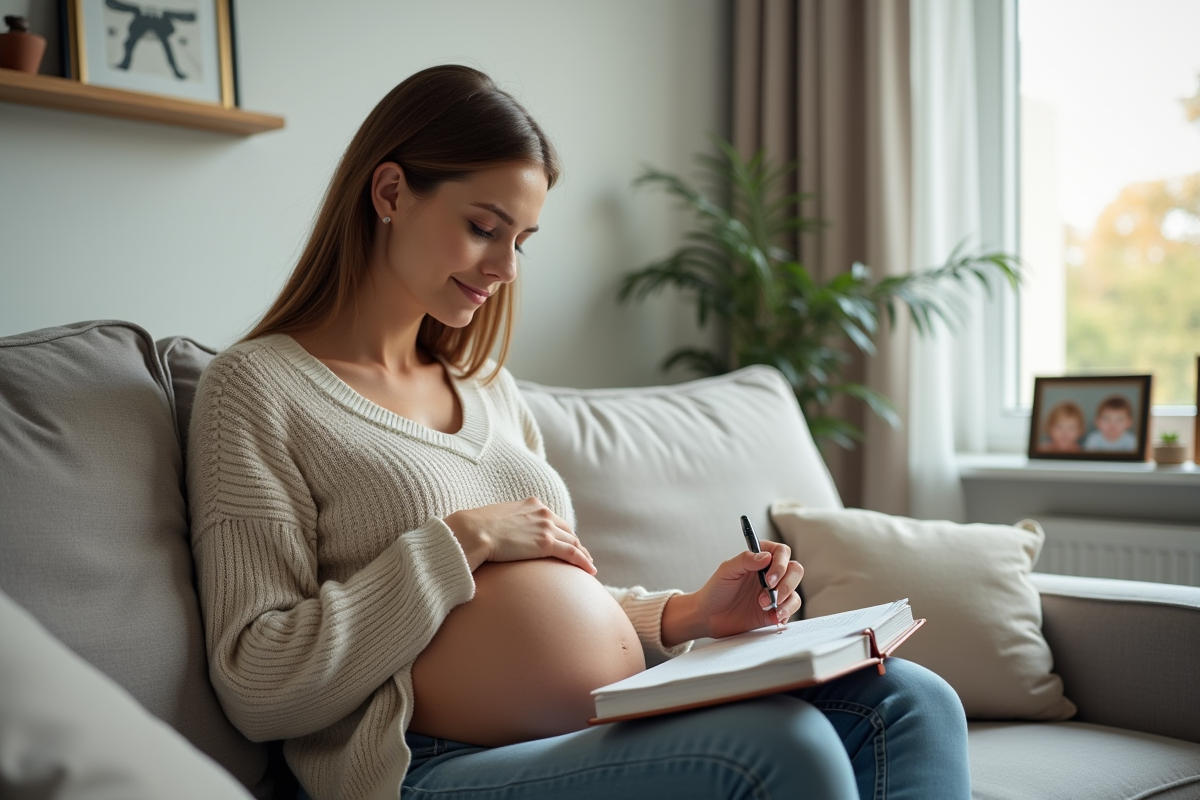 Femme enceinte assise planifiant à la maison