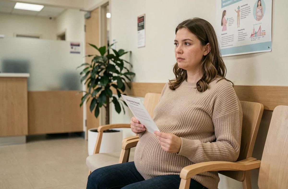 Femme enceinte en salle d'attente tenant une convocation pour son échographie de datation du premier trimestre