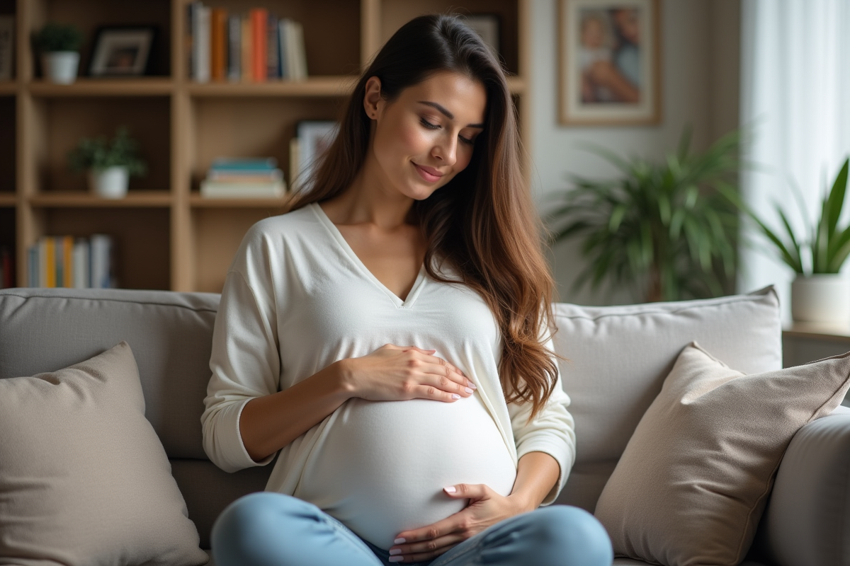 Femme enceinte souriante dans un salon chaleureux