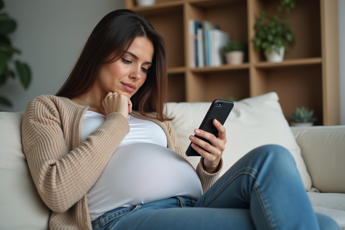 Jeune femme enceinte assise sur un canapé dans un salon chaleureux
