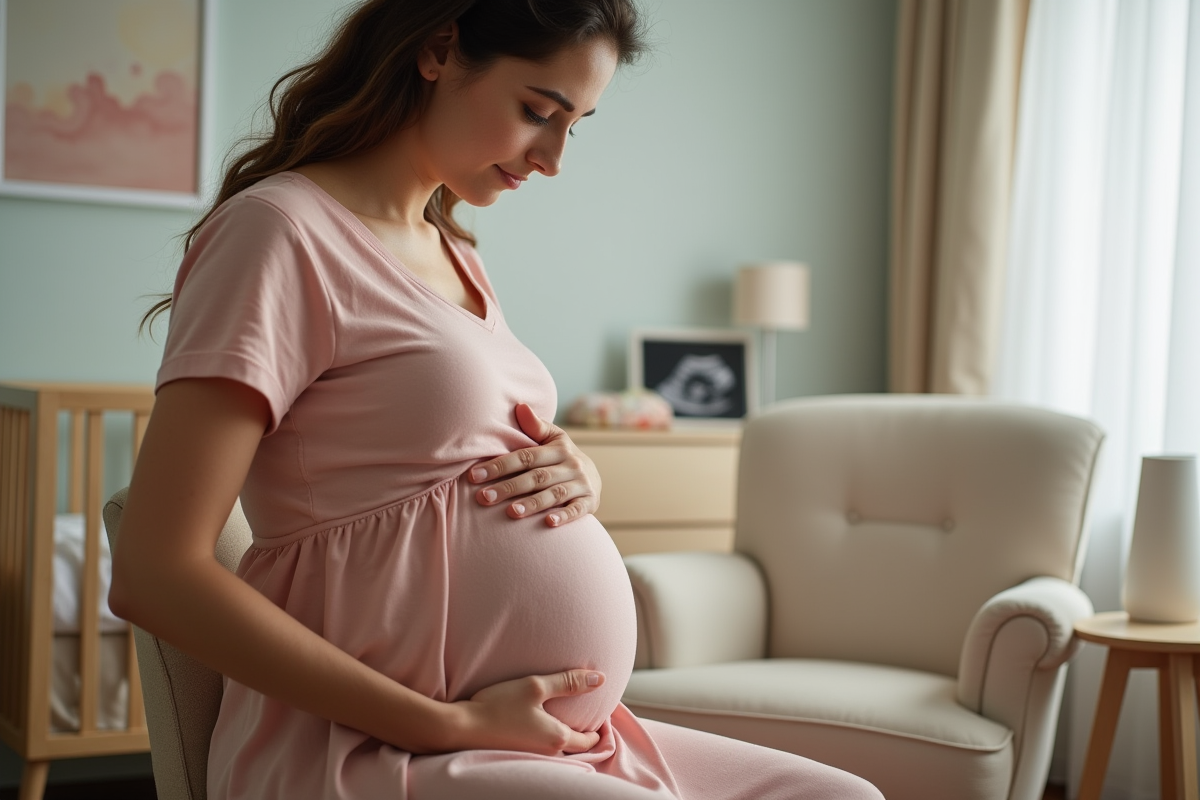 Femme enceinte dans un nursery serein et pastel