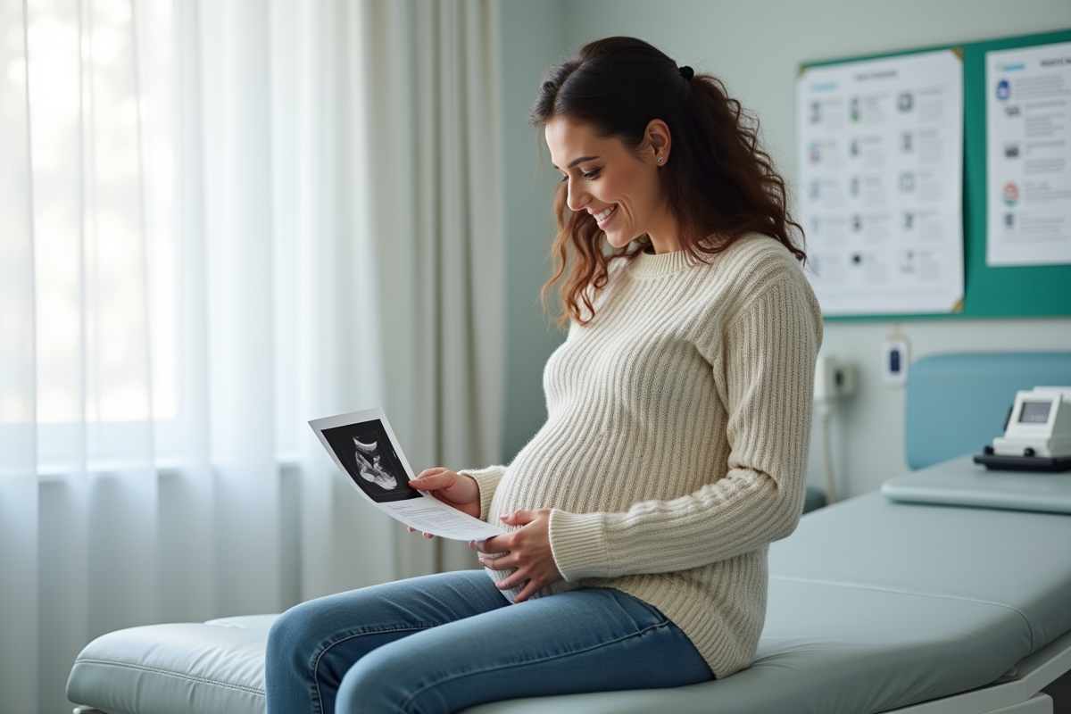 Femme enceinte regardant un ultrasound dans une clinique