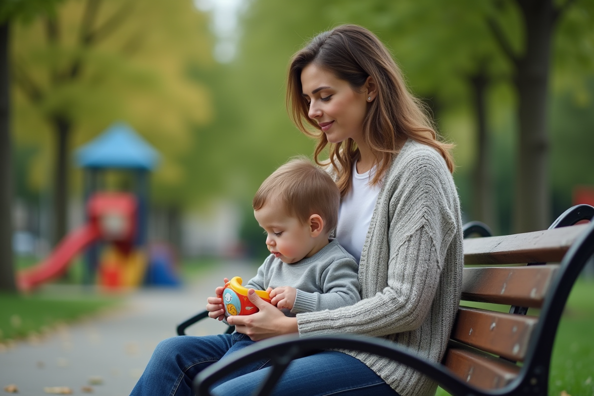 Femme regardant un enfant jouer dans un parc