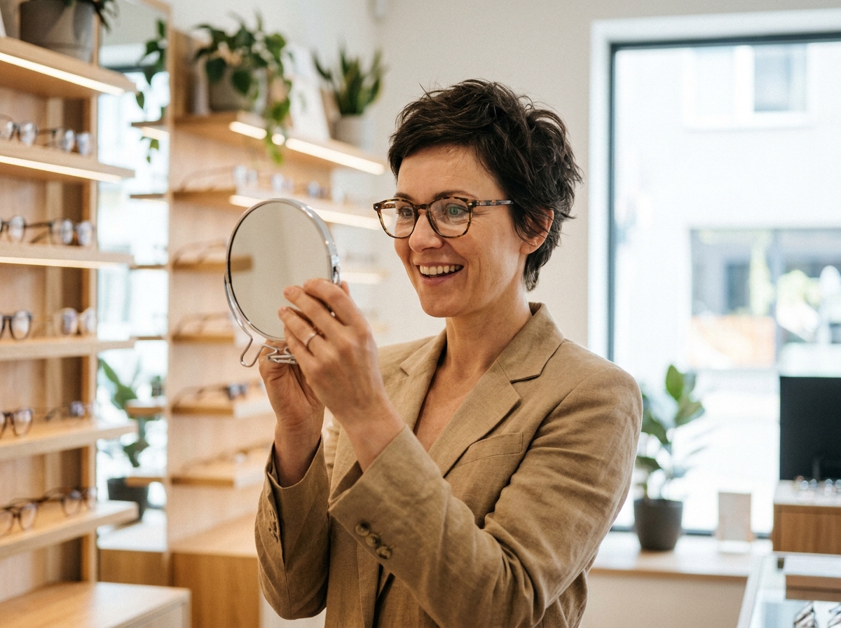 Femme d'une quarantaine d'années essayant des lunettes tendance en écaille dans une boutique d'optique moderne et chaleureuse