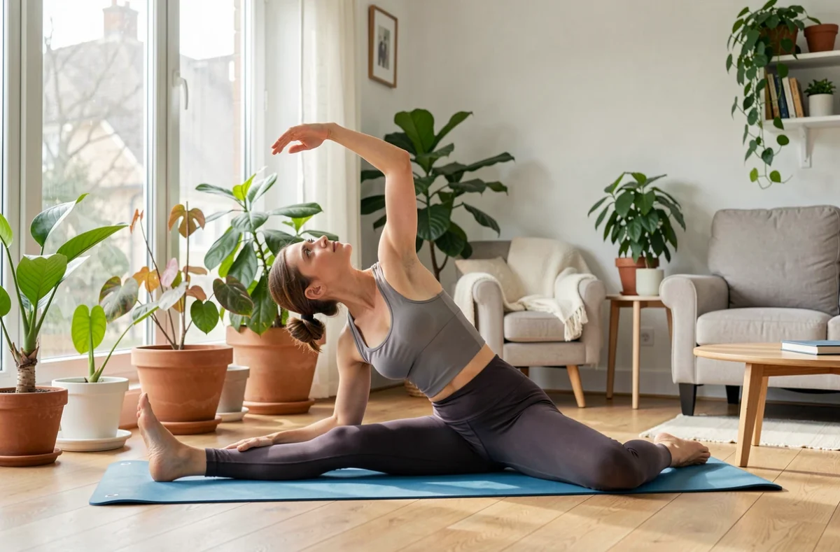 Femme faisant des étirements dans un salon lumineux