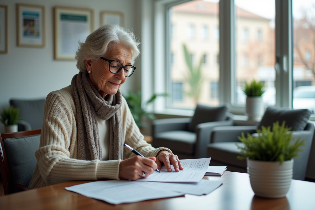 Femme senior remplissant des formulaires médicaux dans la salle d