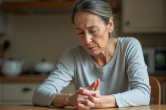 Femme se grattant la main gauche avec une expression inquiète, symptôme de démangeaisons persistantes