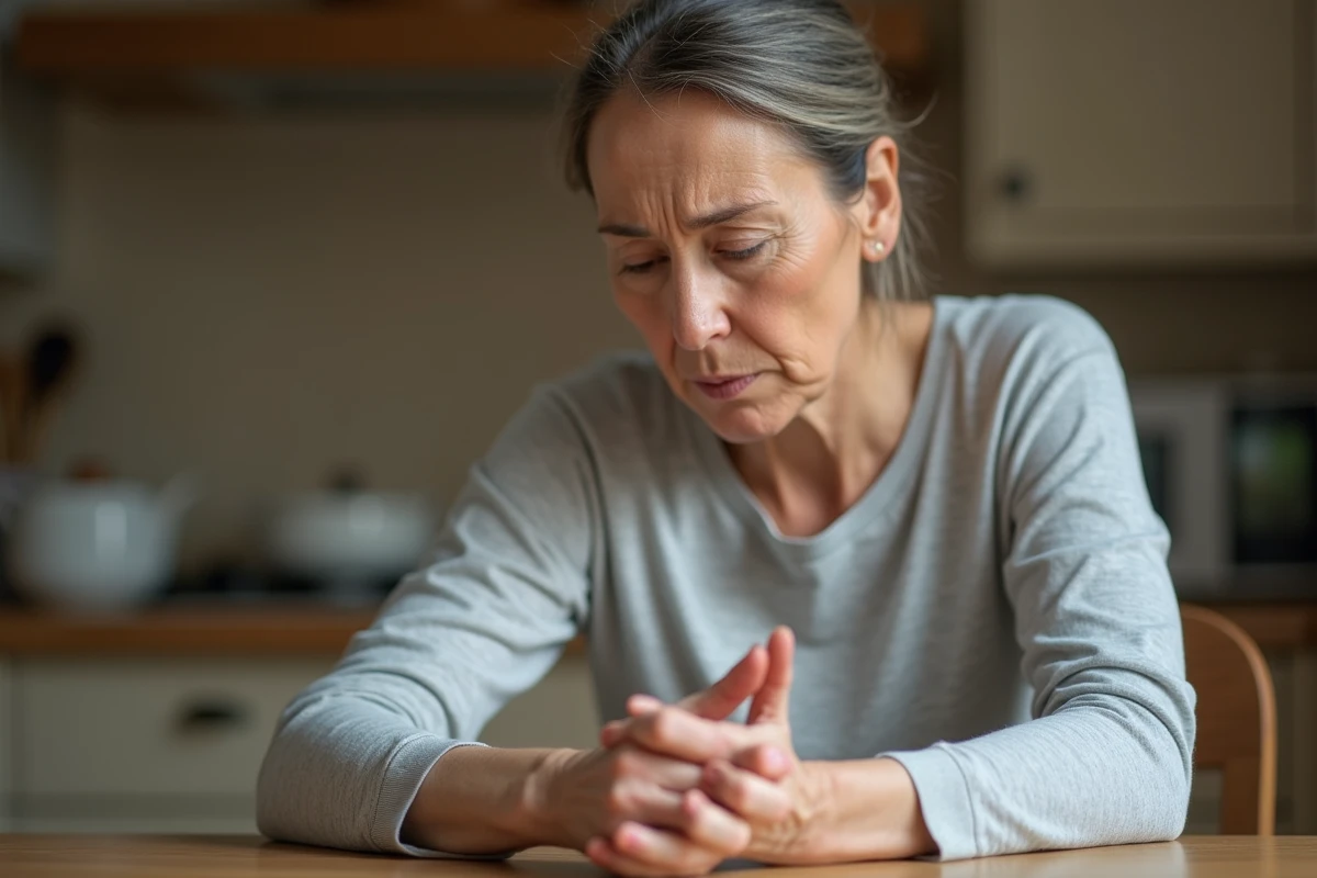 Femme se grattant la main gauche avec une expression inquiète, symptôme de démangeaisons persistantes