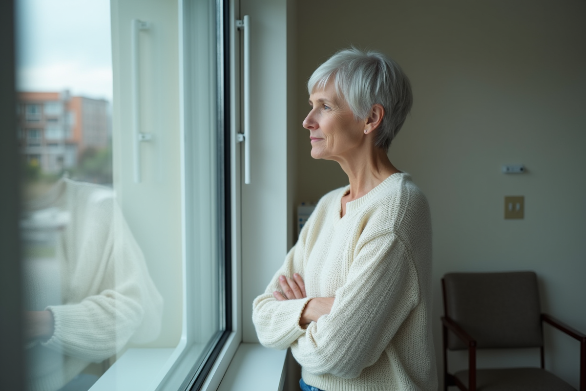 Femme d'âge moyen regardant par la fenêtre d'un hôpital