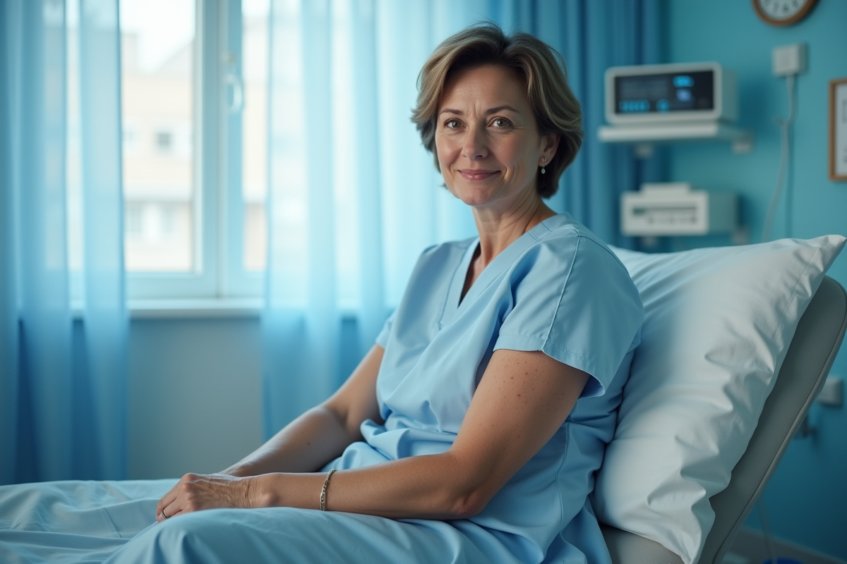 Femme d'âge moyen en blouse d'hôpital montrant sa cicatrice