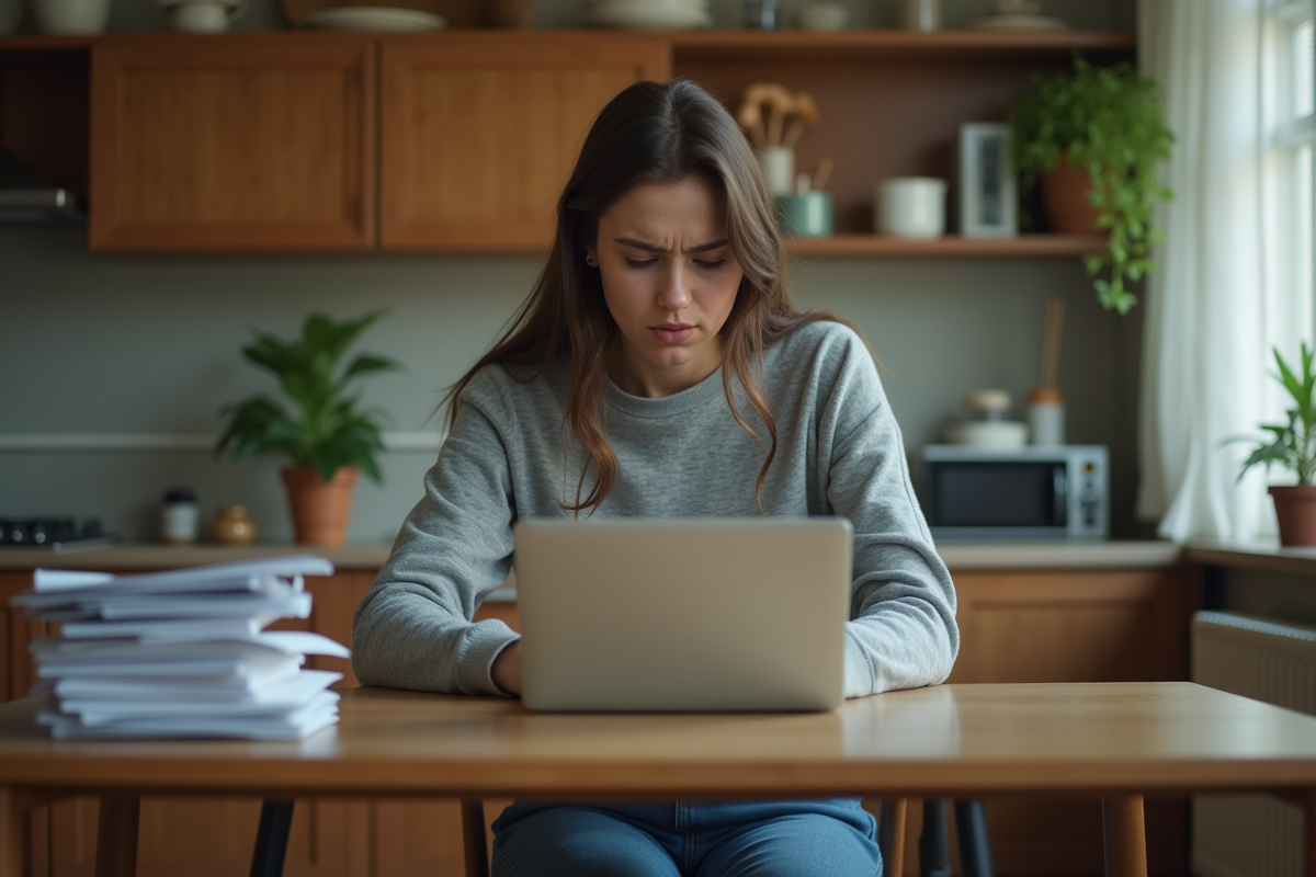 Jeune femme anxieuse dans sa cuisine avec ordinateur