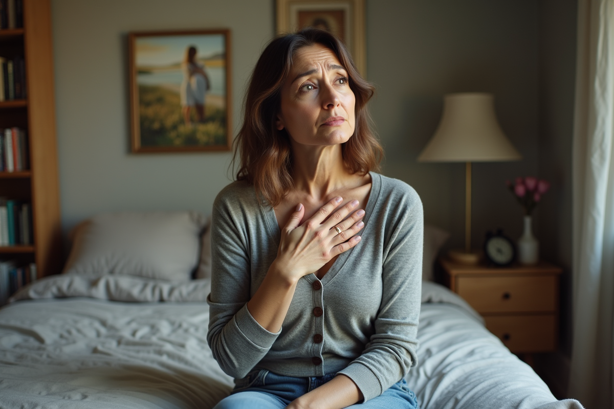 Femme d'âge moyen assise sur le lit avec expression inquiète