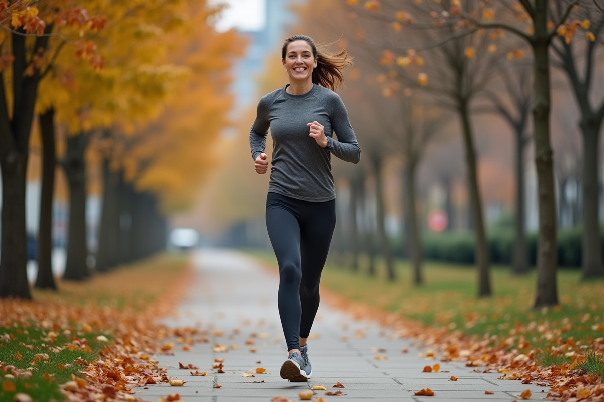 Femme d'âge moyen courant dans un parc urbain en automne