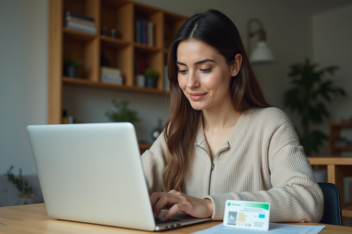 Femme assise à son bureau met à jour son adresse sur un ordinateur