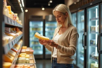 Femme moyenne âge lit une étiquette de fromage en magasin