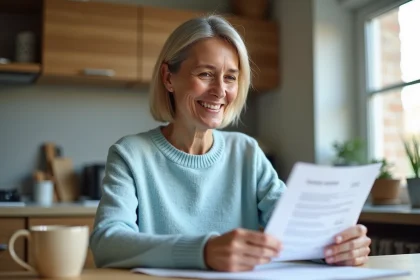 Femme souriante lisant un document mutuelle santé à la maison