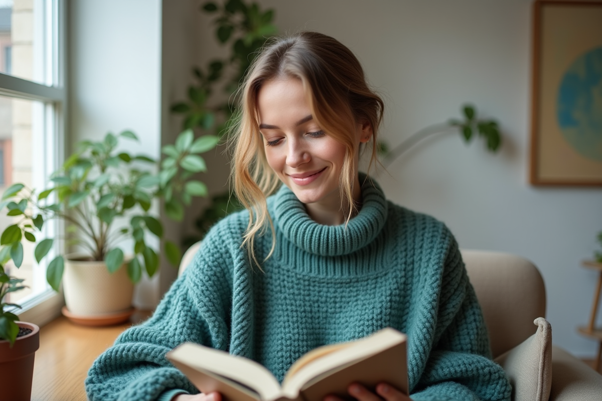 Femme lisant un livre dans un salon cosy et lumineux