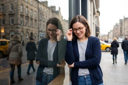 Femme souriante ajustant ses lunettes près d un café en ville