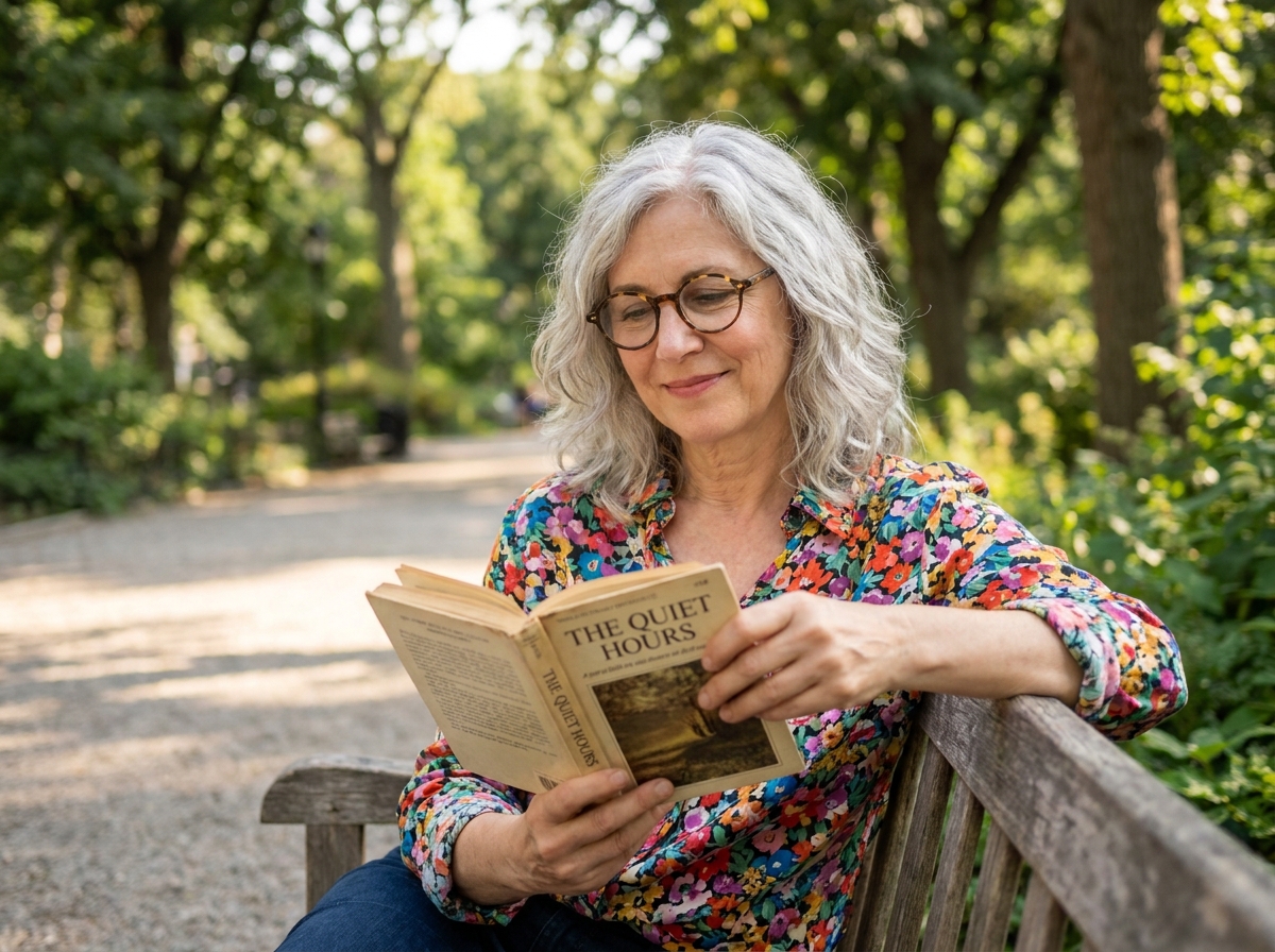 Femme aux cheveux argentés portant des lunettes rondes vintage et lisant un livre sur un banc dans un parc verdoyant