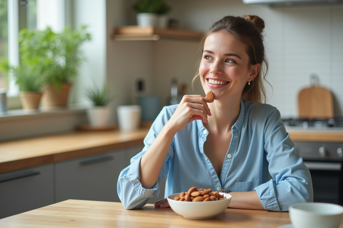 Femme souriante mangeant des amandes dans la cuisine
