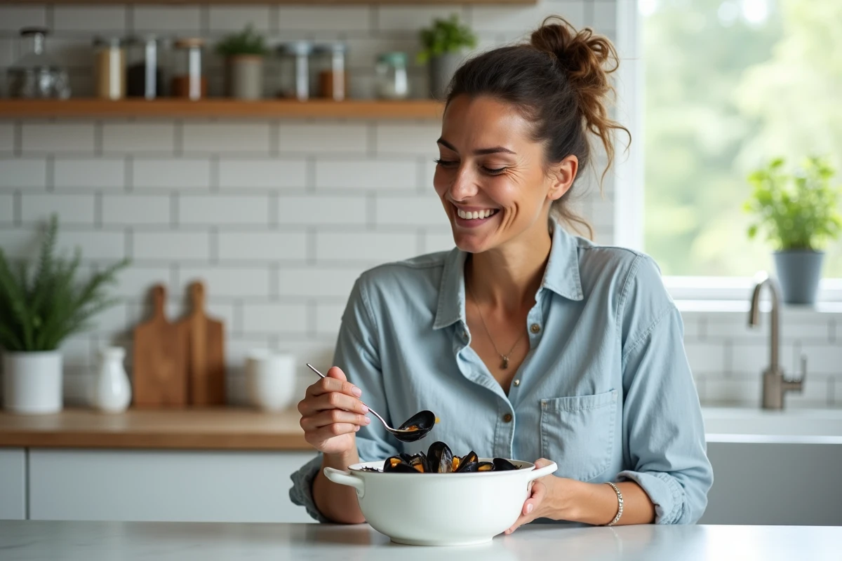 Femme mangeant des moules dans une cuisine moderne, représentant une alimentation saine pour renforcer le système immunitaire